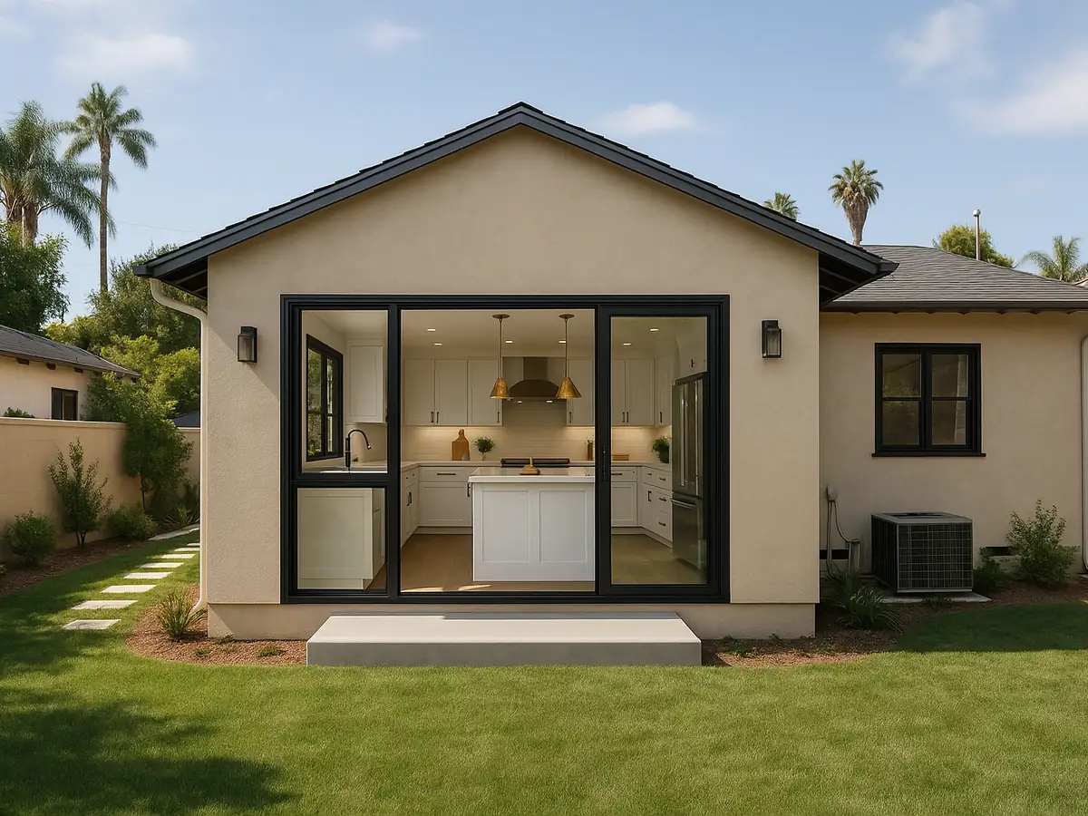 Kitchen bump-out addition extending into yard space in Los Angeles by Renova Built