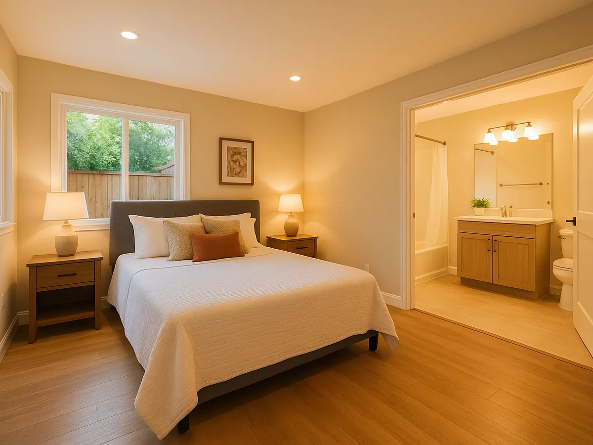 Ground-floor in-law suite addition with private bedroom and bathroom on a Los Angeles home by Renova Built