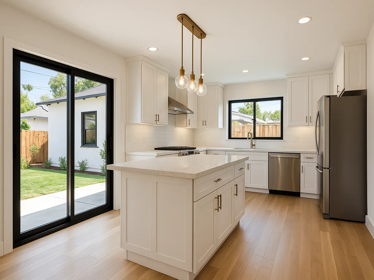 Kitchen bump-out addition extending into yard space on a Los Angeles home by Renova Built