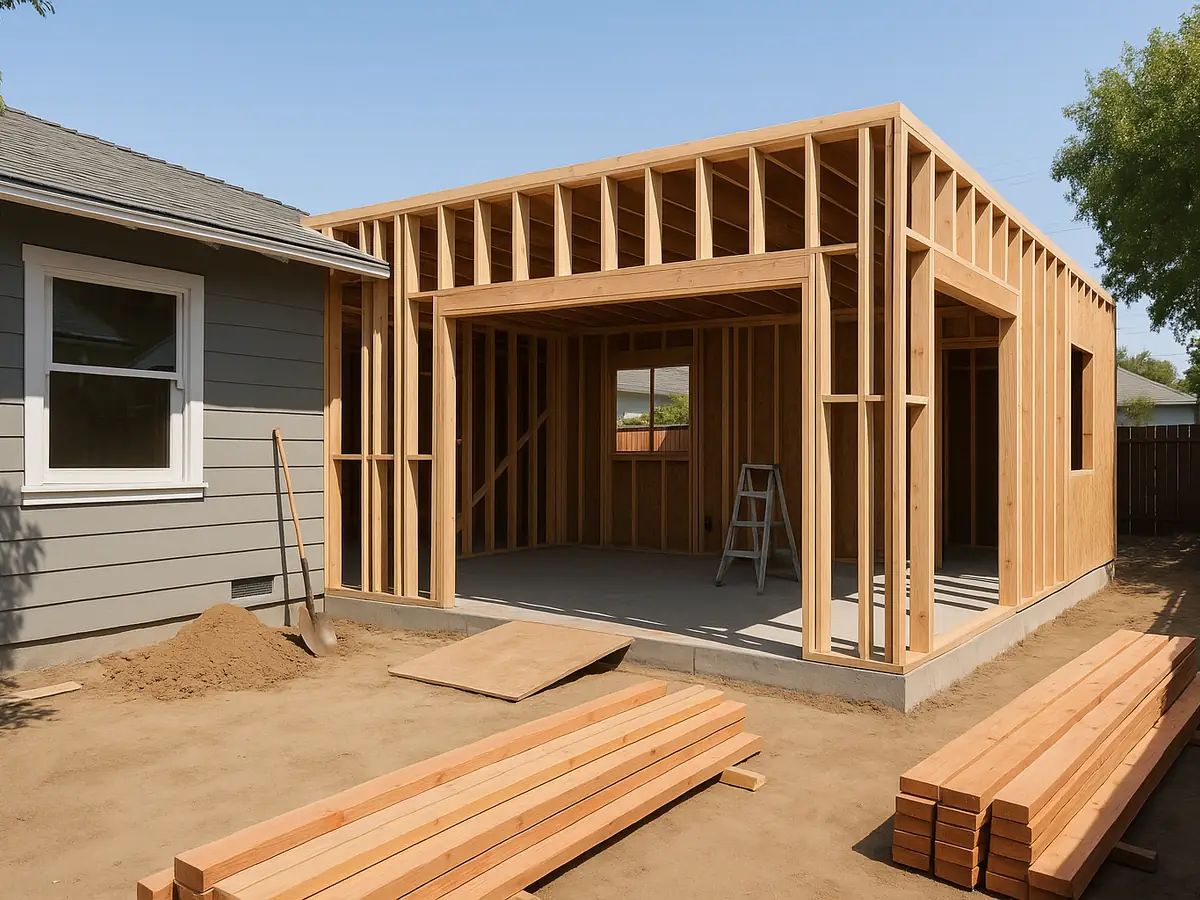 Ground-floor home addition under construction showing the build timeline in Los Angeles